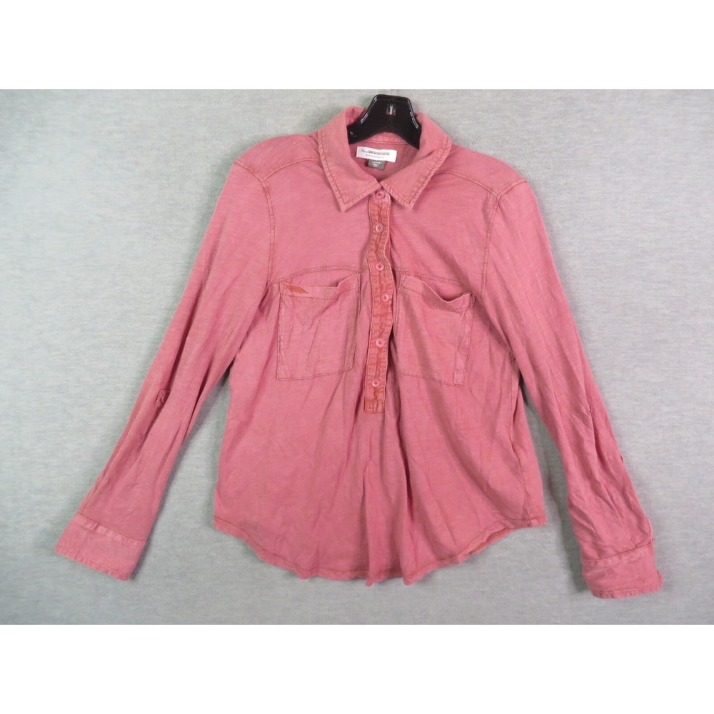 Pilcro Anthropologie Womens Shirt L Pink Popover Corduroy‎ Trim Roll Tab Casual